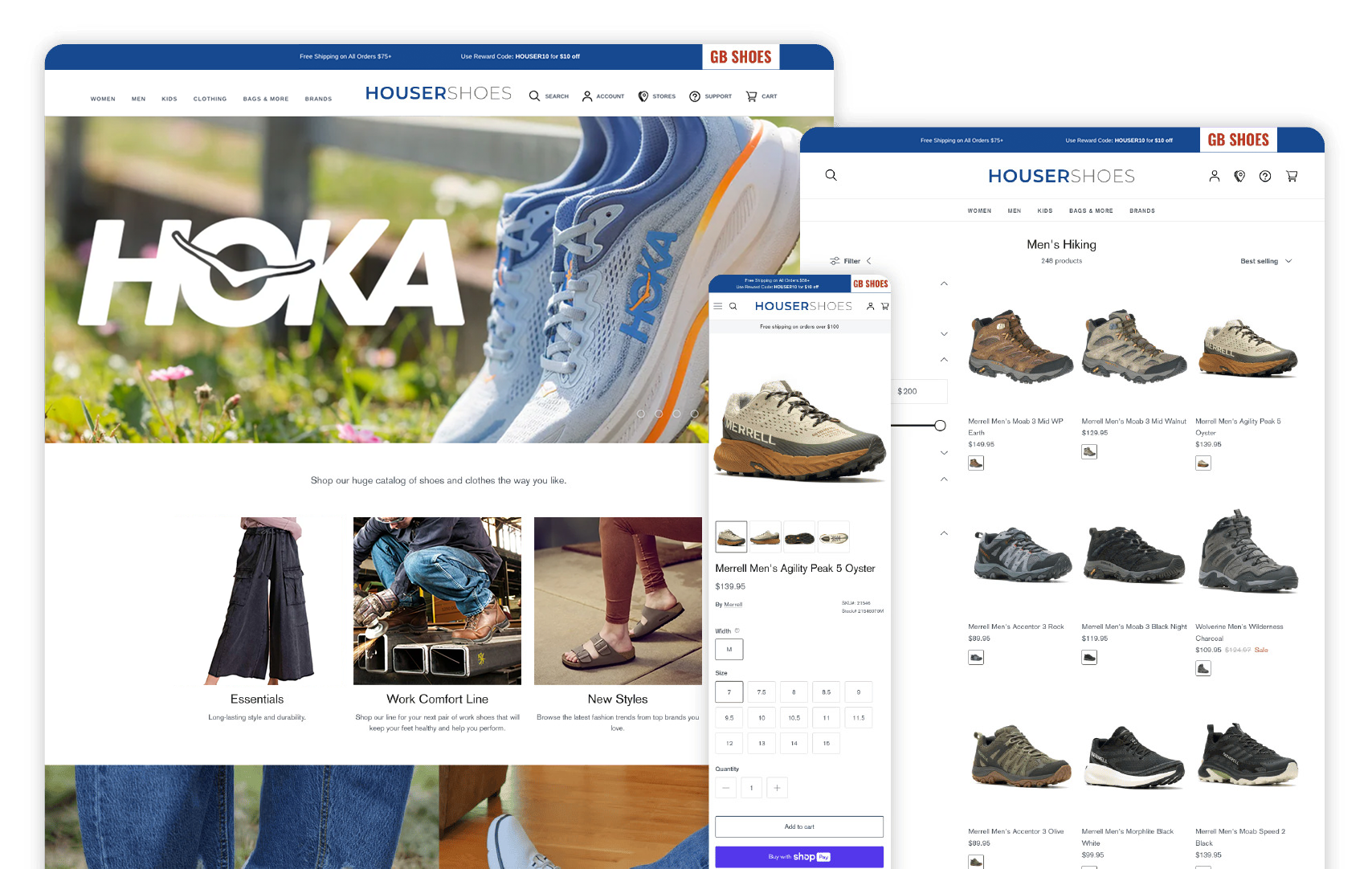 Screenshots of the Houser Shoes Shopify site at various screen sizes