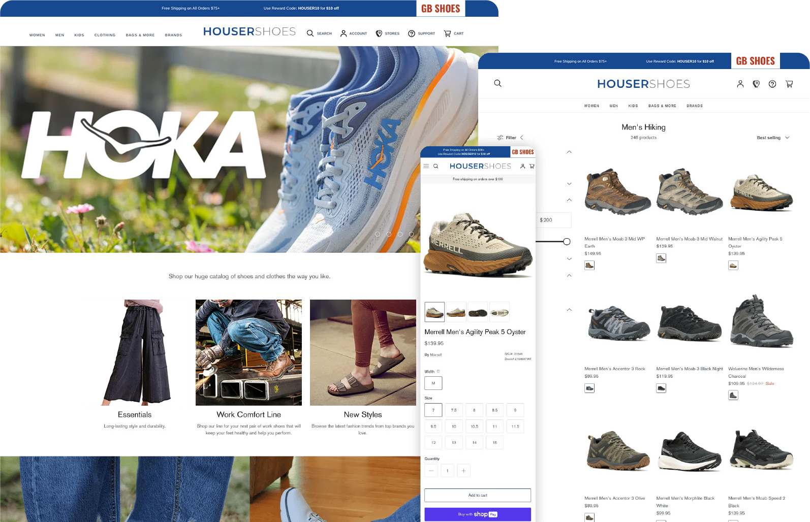 Screenshots of the Houser Shoes Shopify Site
